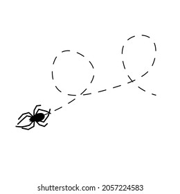 Spider on a dotted line route. Animal black silhouette. Vector isolated on white background.