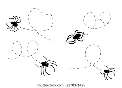 Spider on a dotted line route. Animal black silhouette. Vector isolated on white background.