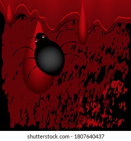 Spider on a red black background in grunge style, drops of flowing blood, - vector. Halloween party