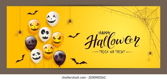 Spider on spiderweb, bats and set of orange, white, black balloons with scary smiles isolated on yellow background. Illustration can be used for children's holiday design, decoration, card, banner