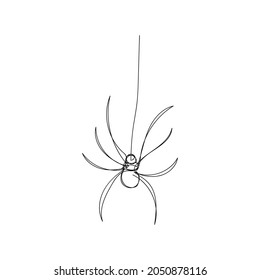 Spider on a string of cobwebs one line art. Continuous line drawing of halloween theme, gothic, horrible, black widow, karakurt, tarantula.