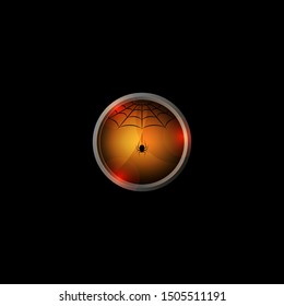 Spider on the web creative halloween 3d icon on a black background, horror original illustration for the poster, glossy glass material and metal frame