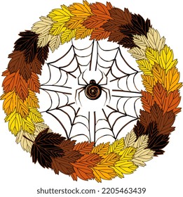  Spider on a web in a frame of maple leaves.  Vector illustration with transparent background. For your buznes.
 Design template, for advertising, internet, social networks, stickers,
 creating patter