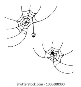 Spider on the web. Hand drawn doodle sketch black outline clip art for halloween invitation greeting card. Gloomy and scary party props. Stock vector illustration isolated on white background.