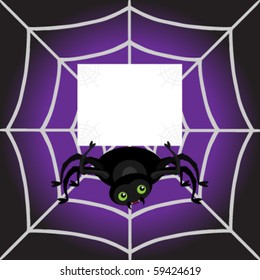 Spider on a spider web holding a blank sign with copy space.