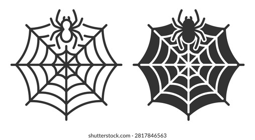 spider on web icon set, vector illustration of spiders on spider webs in black and white style on transparent background
