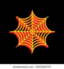 Spider on web illustration. 3D Extruded Yellow Icon with Red Sides a Black background. Illustration.