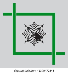 Spider on web illustration. Black icon inside green crop tool at light gray background