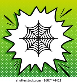 Spider on web illustration. Black Icon on white popart Splash at green background with white spots. Illustration.