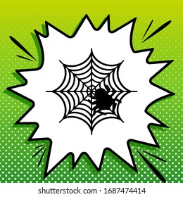 Spider on web illustration. Black Icon on white popart Splash at green background with white spots. Illustration.