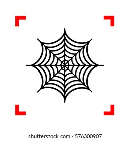 Spider on web illustration. Black icon in focus corners on white background. Isolated.