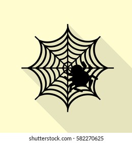 Spider on web illustration Black icon with flat style shadow path on cream background.