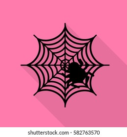 Spider on web illustration Black icon with flat style shadow path on pink background.