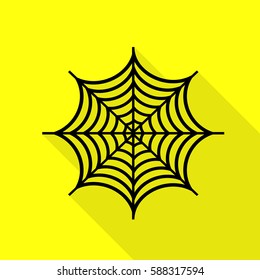 Spider on web illustration. Black icon with flat style shadow path on yellow background.