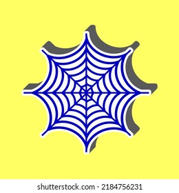 Spider on web illustration. Blue Icon with white stroke in 3d at yellow Background. Illustration.