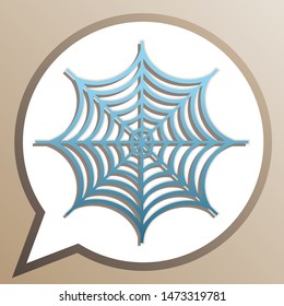 Spider on web illustration. Bright cerulean icon in white speech balloon at pale taupe background. Illustration.