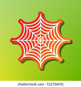 Spider on web illustration. Contrast icon with reddish stroke on green backgound.