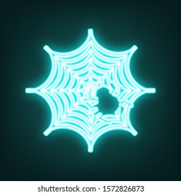 Spider on web illustration. Cyan neon icon in the dark. Bluring. Luminescence. Illustration.
