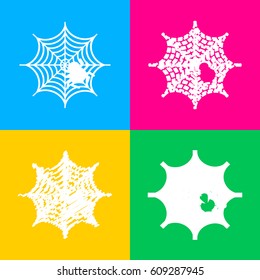 Spider on web illustration Four styles of icon on four color squares.