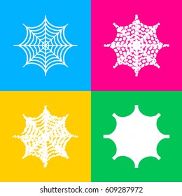 Spider on web illustration. Four styles of icon on four color squares.