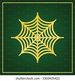 Spider on web illustration. Golden icon with gold contour at dark green gridded  background. Illustration.