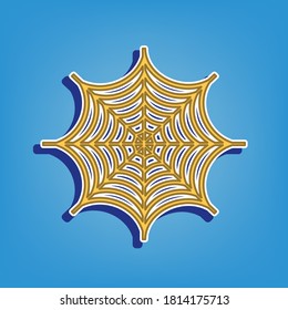 Spider on web illustration. Golden Icon with White Contour at light blue Background. Illustration.