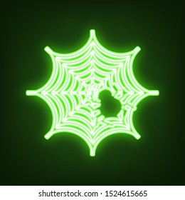 Spider on web illustration. Green neon icon in the dark. Blurred lightening. Illustration.