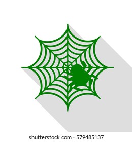 Spider on web illustration Green icon with flat style shadow path.