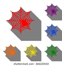 Spider on web illustration Set of red, orange, yellow, green, blue and violet icons at white background with flat shadow.