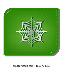 Spider on web illustration. Silver gradient line icon with dark green shadow at ecological patched green leaf. Illustration.
