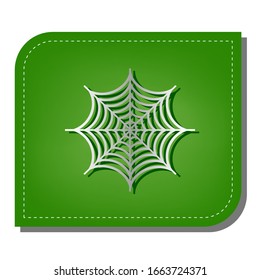 Spider on web illustration. Silver gradient line icon with dark green shadow at ecological patched green leaf. Illustration.