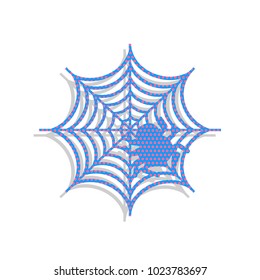 Spider on web illustration. Vector. Neon blue icon with cyclamen polka dots pattern with light gray shadow on white background. Isolated.