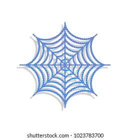 Spider on web illustration. Vector. Neon blue icon with cyclamen polka dots pattern with light gray shadow on white background. Isolated.