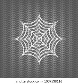 Spider on web illustration. Vector. White knitted icon on gray knitted background. Isolated.