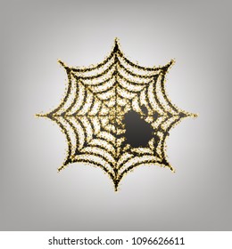 Spider on web illustration. Vector. Blackish icon with golden stars at grayish background.