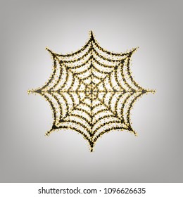 Spider on web illustration. Vector. Blackish icon with golden stars at grayish background.