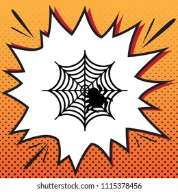 Spider on web illustration. Vector. Comics style icon on pop-art background.