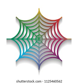 Spider on web illustration. Vector. Colorful icon with bright texture of mosaic with soft shadow on white background. Isolated.