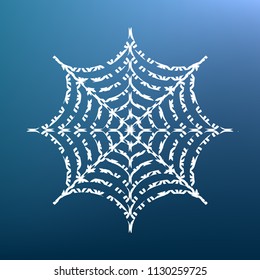 Spider on web illustration. Vector. White textured icon at lapis lazuli gradient background.