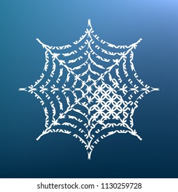 Spider on web illustration. Vector. White textured icon at lapis lazuli gradient background.