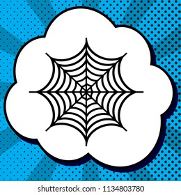 Spider on web illustration. Vector. Black icon in bubble on blue pop-art background with rays.