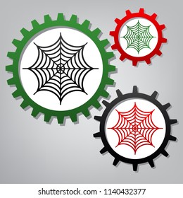 Spider on web illustration. Vector. Three connected gears with icons at grayish background.