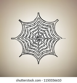 Spider on web illustration. Vector. Brush drawed black icon at light brown background.