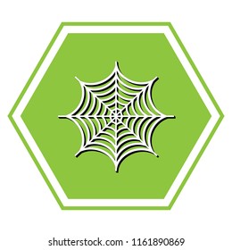 Spider on web illustration. Vector. White icon with black shadow at yellow green honeycomb on white background.