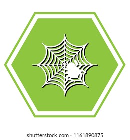 Spider on web illustration. Vector. White icon with black shadow at yellow green honeycomb on white background.
