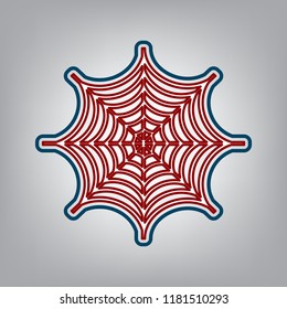 Spider on web illustration. Vector. Dark red, transparent and midnight green stroke of white icon at grayish background.