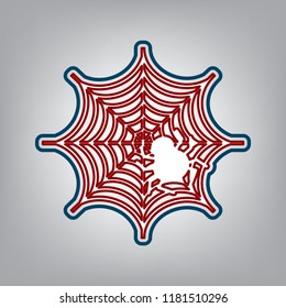 Spider on web illustration. Vector. Dark red, transparent and midnight green stroke of white icon at grayish background.