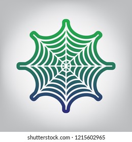 Spider on web illustration. Vector. Green to blue gradient contour icon at grayish background with light in center.