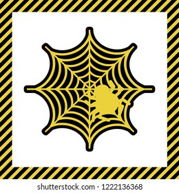 Spider on web illustration. Vector. Warm yellow icon with black contour in frame named as under construction at white background. Isolated.