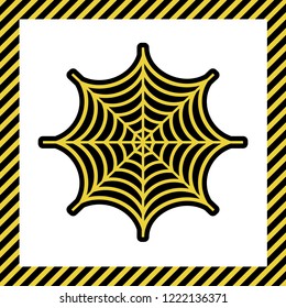 Spider on web illustration. Vector. Warm yellow icon with black contour in frame named as under construction at white background. Isolated.